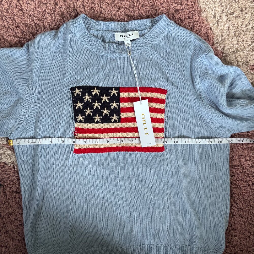 NWT Gilli American Flag Knit Sweater Baby Blue Long Sleeve Patriotic Large FLAW - Picture 9 of 10